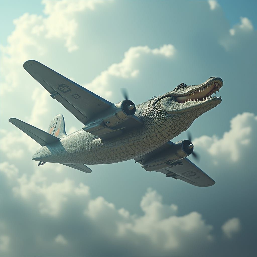 Bomber Plane Soars Through Cloudy Skies, Surrounded by a Mas...