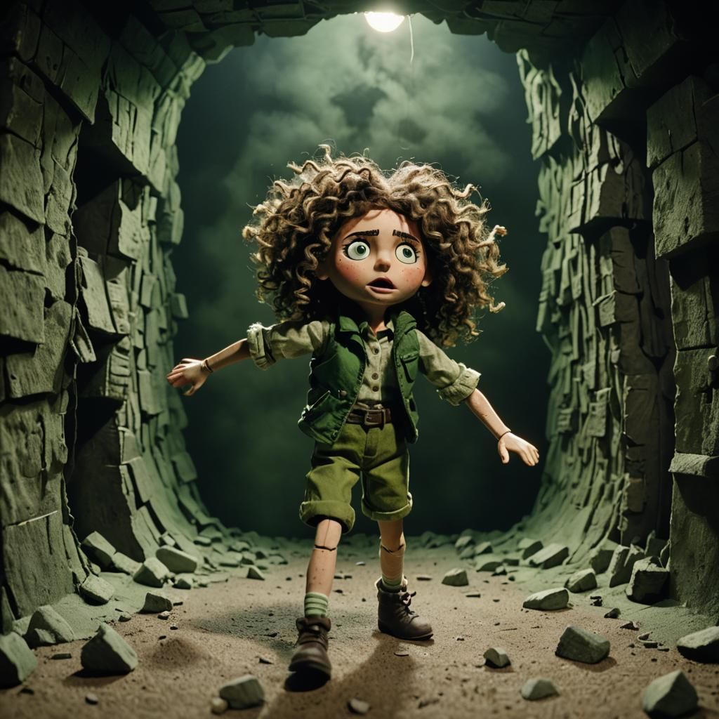 Stop-Motion Puppet Girl Falling Through Dark Hole