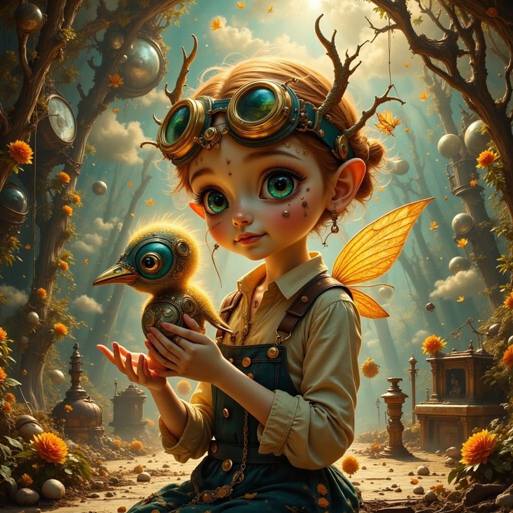 Whimsical Fairy Inventor with Automaton Bird