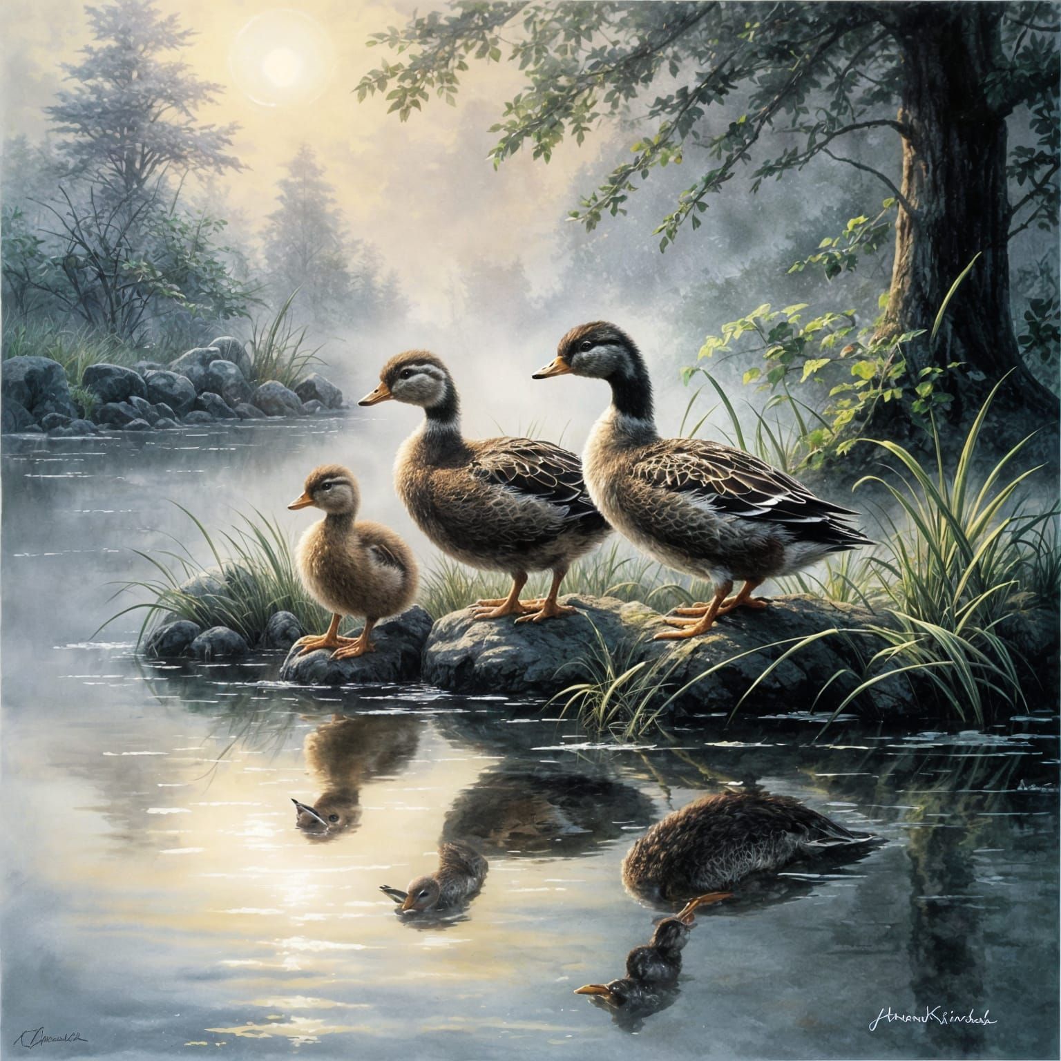Baby Ducks in Morning Mist, Sumi-e Style