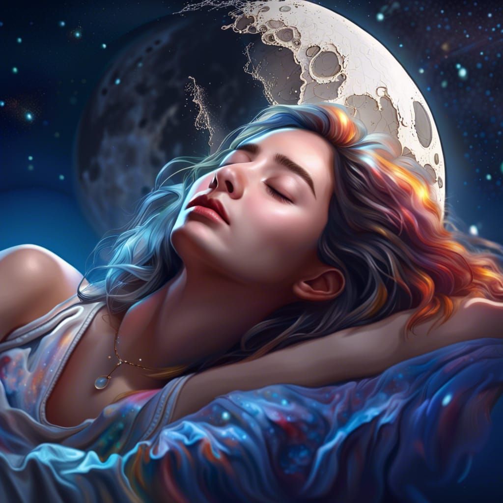 Girl Sleeps on Moon: Hyperrealistic Splash Art