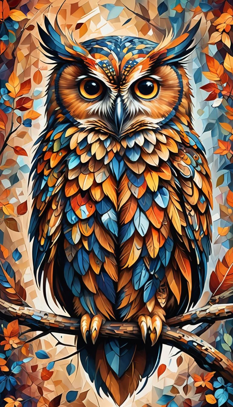 Colorful Owl Digital Illustration in Afremov Style