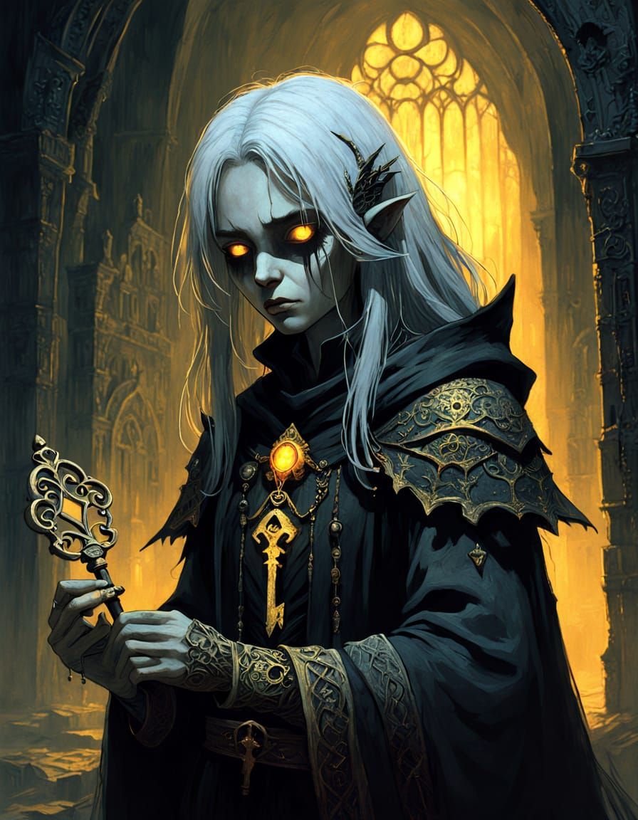 Dark Fantasy Sorceress with Amber Eyes and Golden Glow