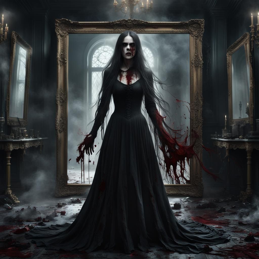 Ethereal Ghost in Black Dress Before Mirror