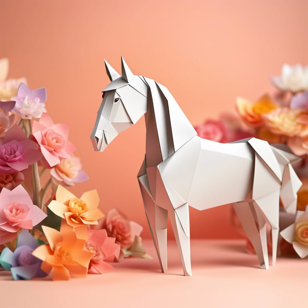 Origami Horse with Floral Background in Papercraft