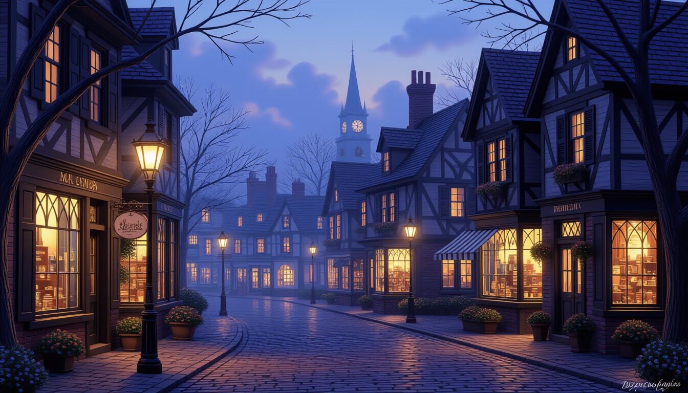 Charming Town Square at Twilight in Kinkade Style
