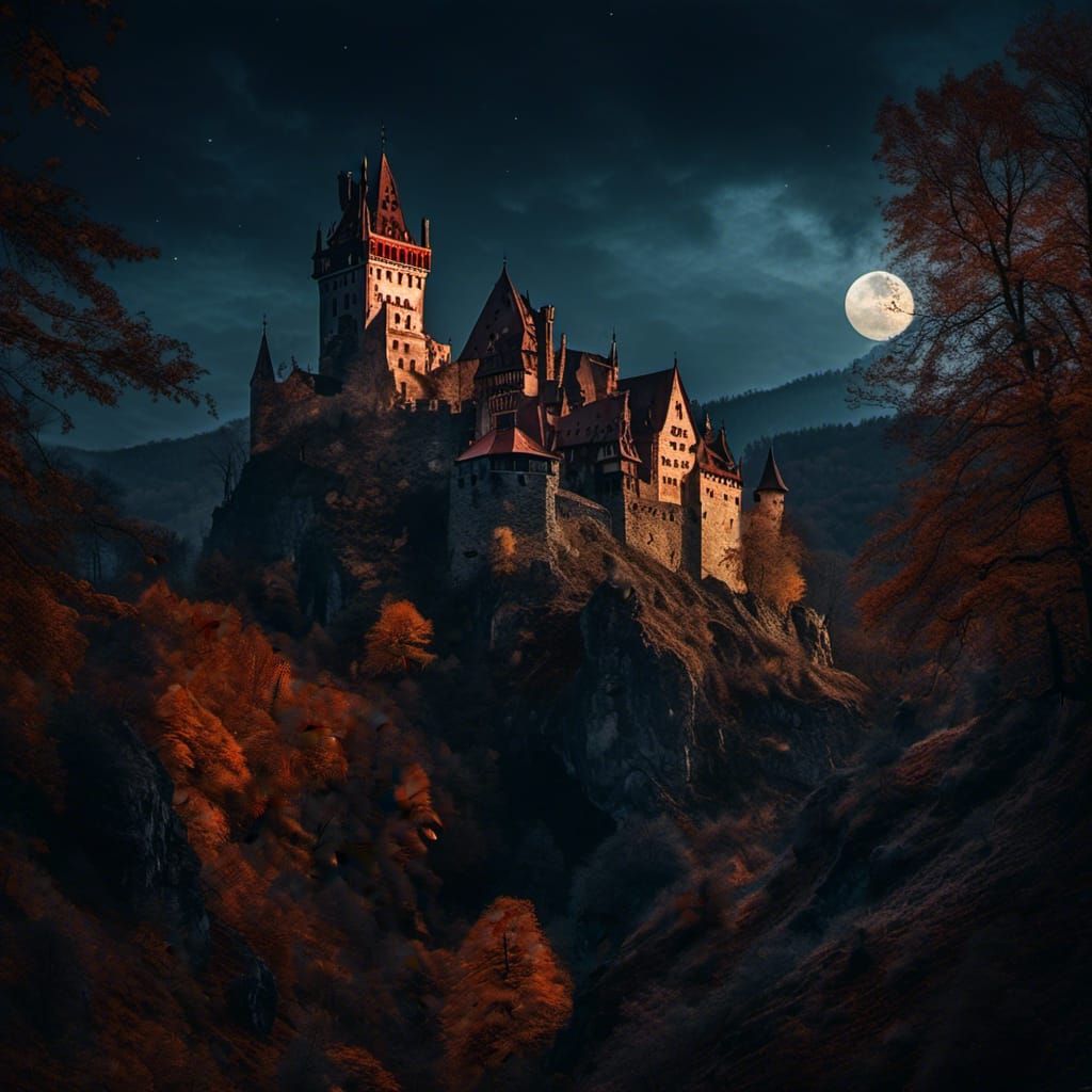 Bran Castle Ruins in Moonlight, Greg Rutkowski Style
