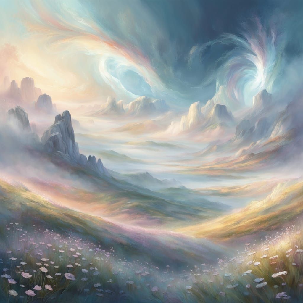 Ethereal Landscape Under Pale Sky in Impressionistic Style