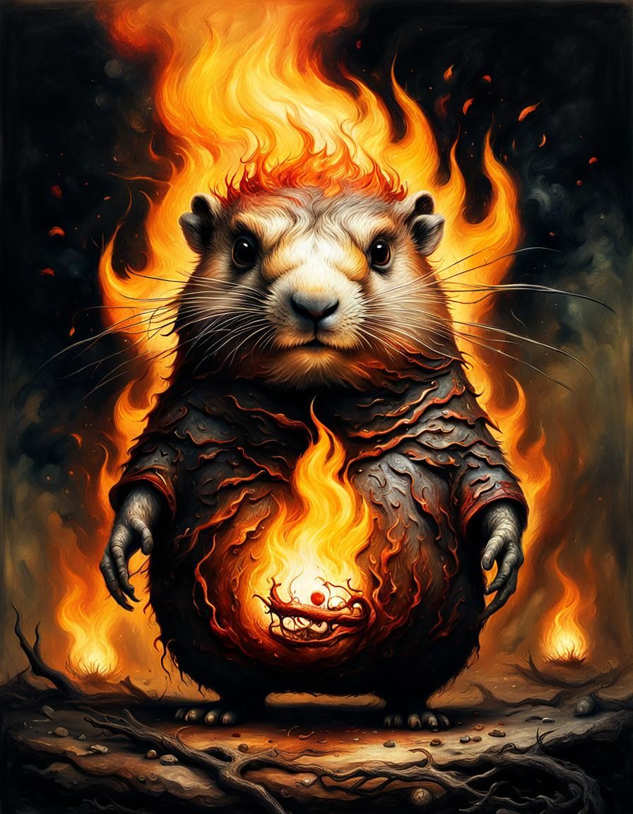 Flaming Cyborg Woodchuck in Volcanic Landscape