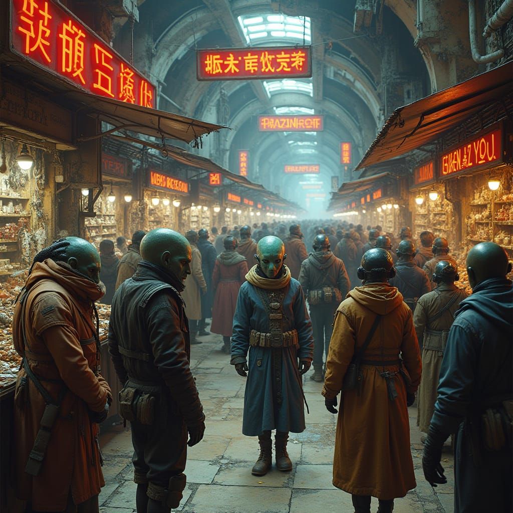 Cyberpunk Marketplace on Space Station with Alien Artifacts