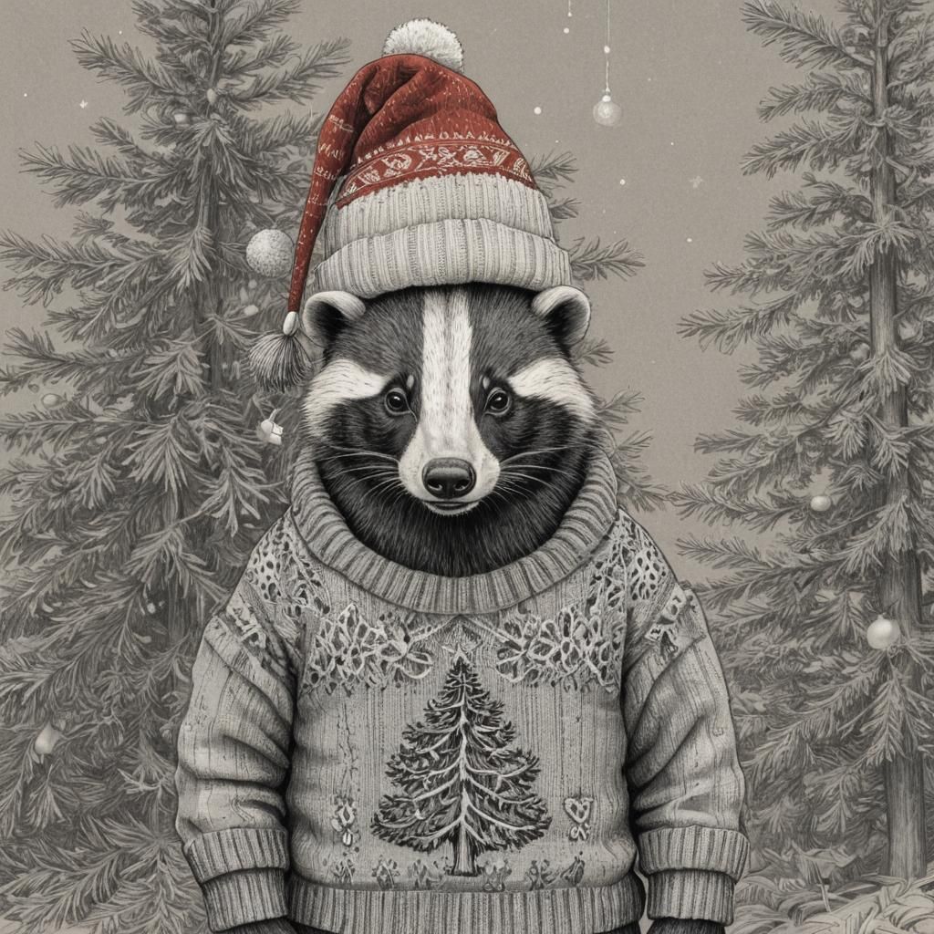 Festive Badger in Christmas Outfit, Detailed Illustration