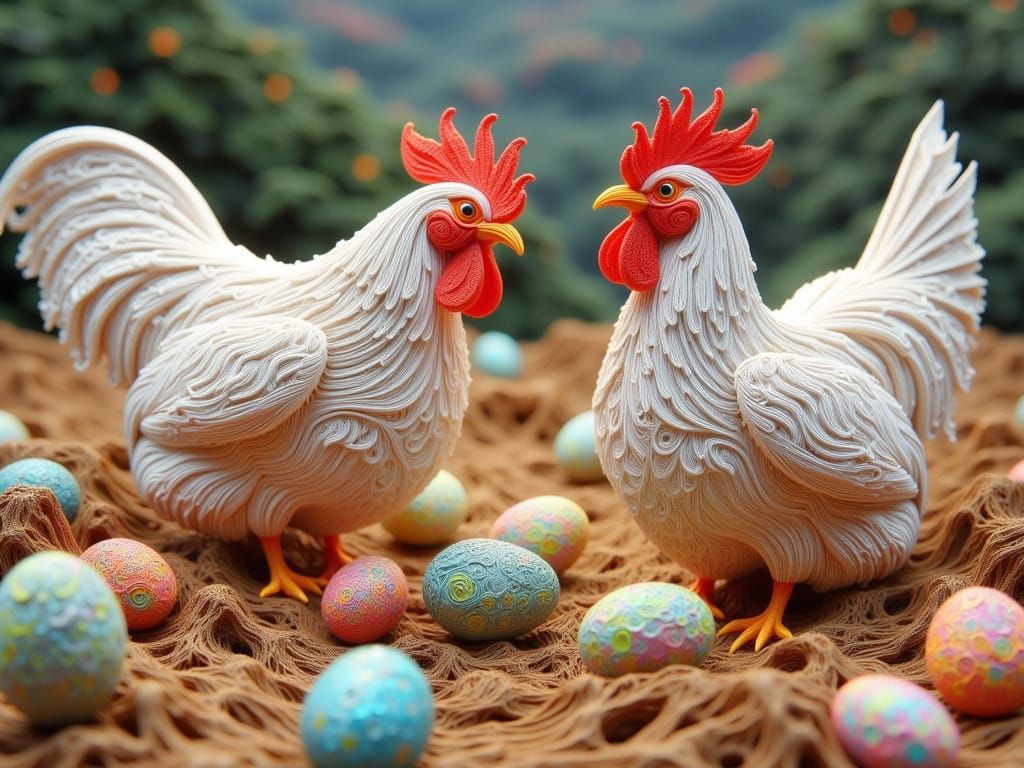 Origami-Inspired Farmyard Scene with Iridescent Dodecahedron...