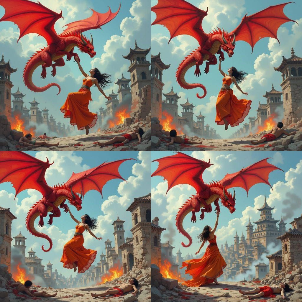 Scarlet Damsel Rescued by Fire Dragon in Graffiti Art