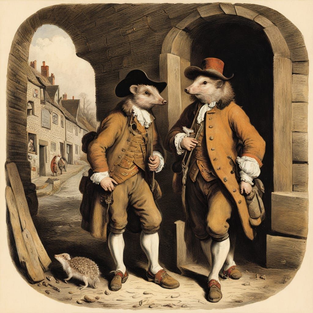 Hedgehog Traveler Enters Old Tavern in Baroque Style