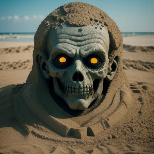 Zombie Face Emerges from Sandcastle: Cinematic Still