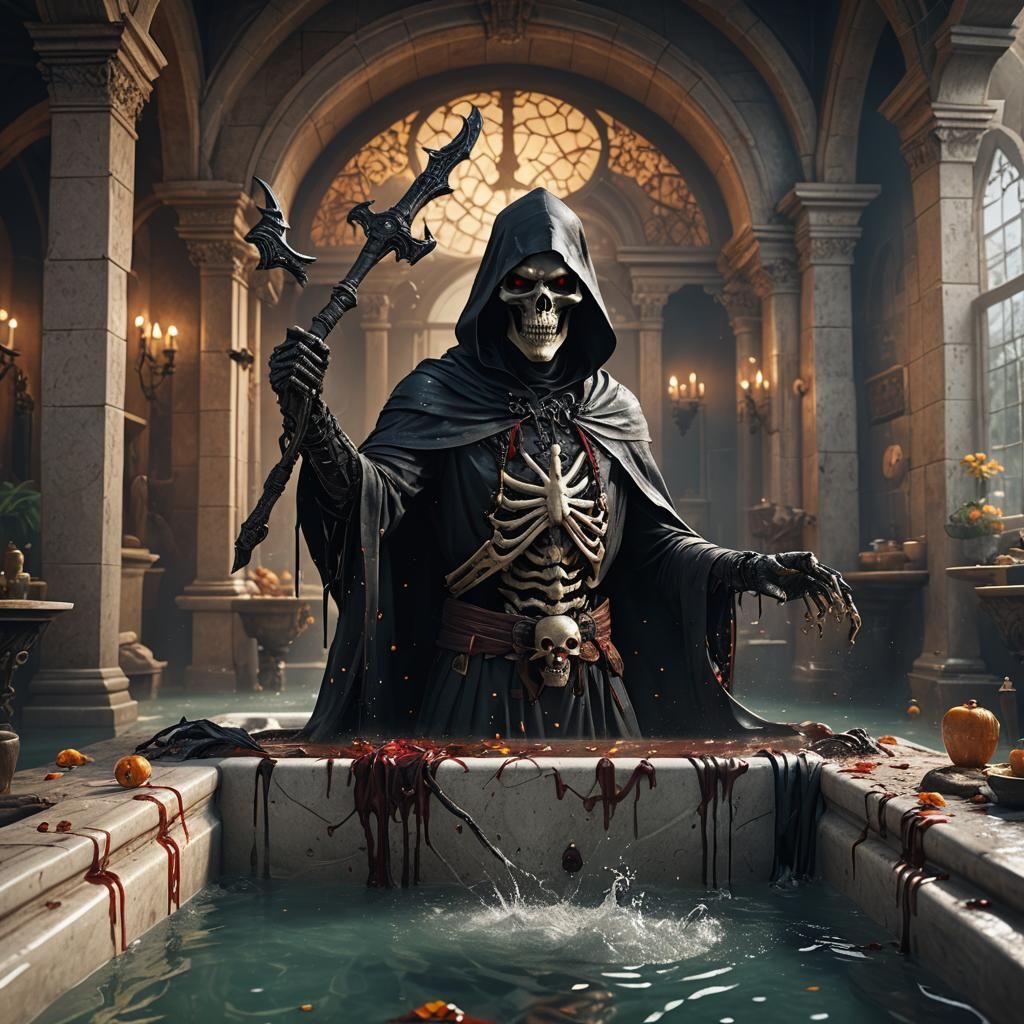 Grim Reaper Relaxing in Bath: Hyperrealistic Detailed Art