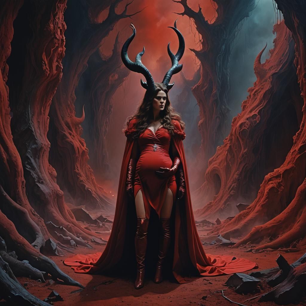 Horned Woman in Red Bodysuit: Dark Fantasy Art