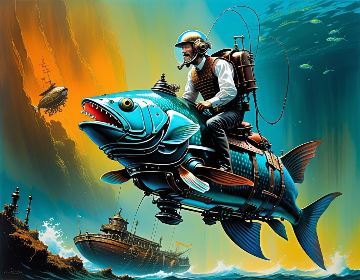 Steampunk Mechanoid Rider on Sea Creature in Impasto Style