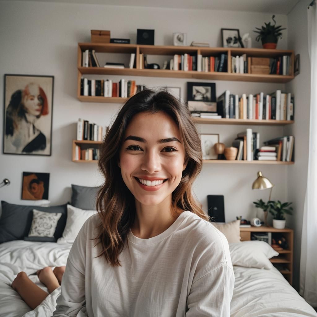 Young Woman in Studio Apartment Smartphone Selfie