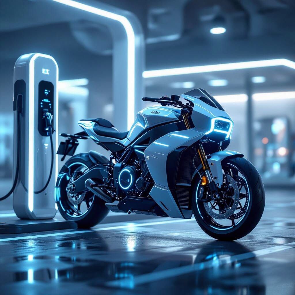 Futuristic Motorcycle at High-Tech Charging Station