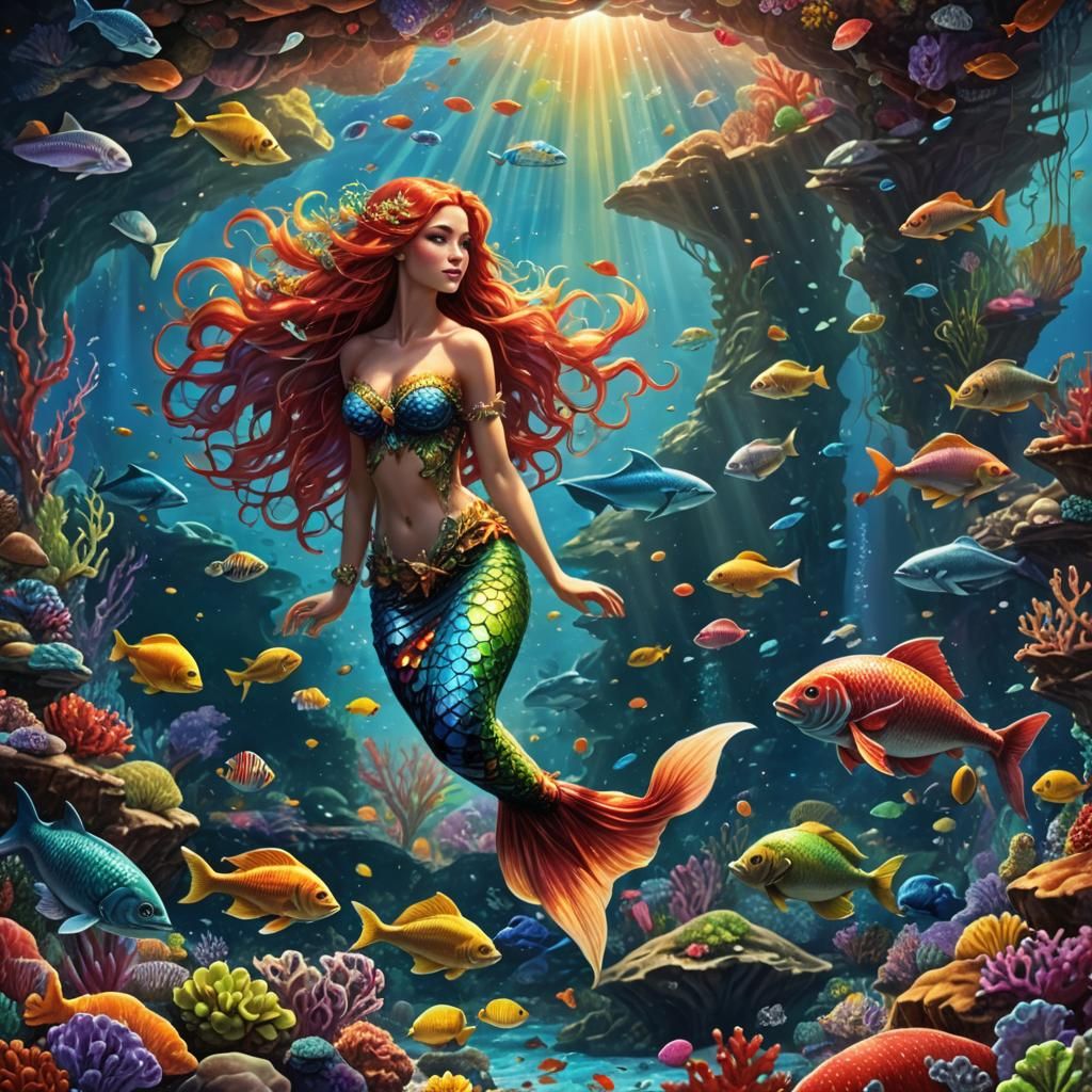 Mermaid with Rainbow Scales in Colorful Ocean
