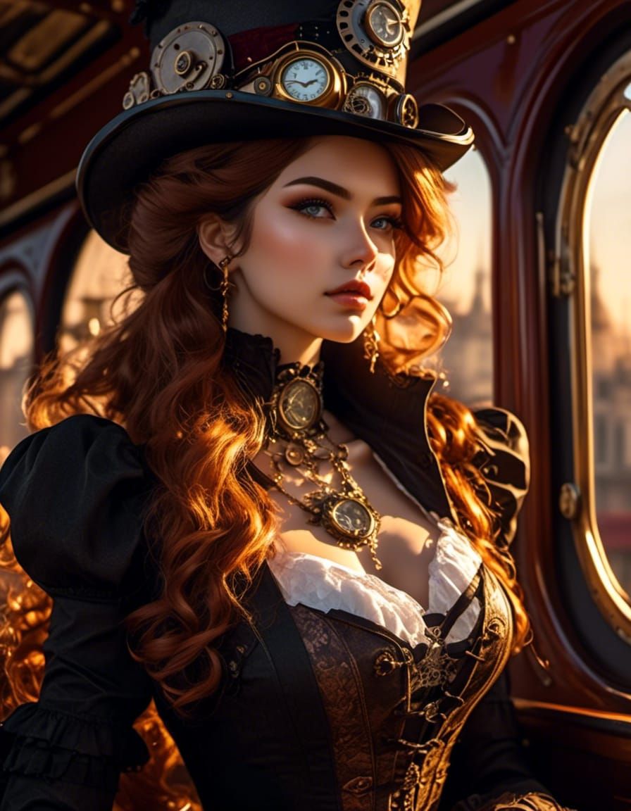 Steampunk Woman Portrait in Victorian Train