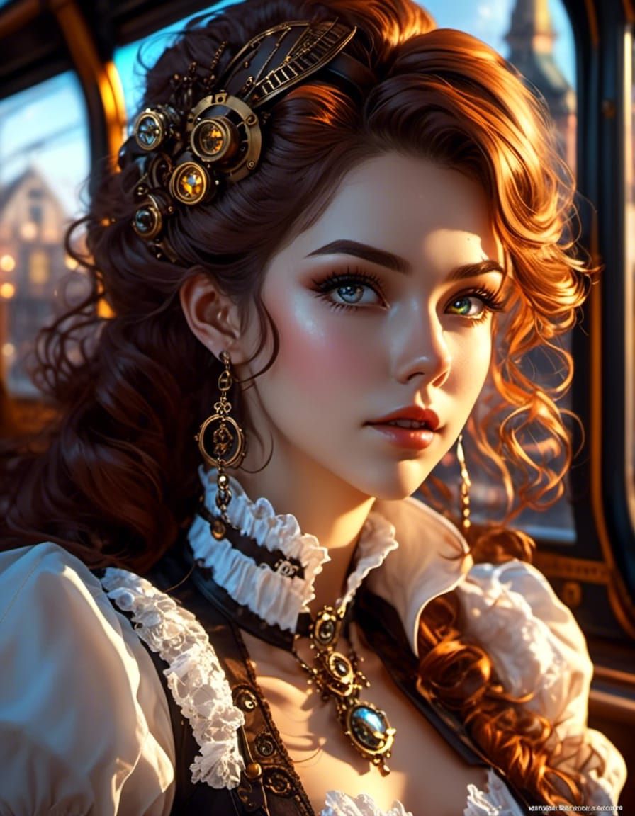 Steampunk Woman Portrait in Victorian Train, Anime Realism