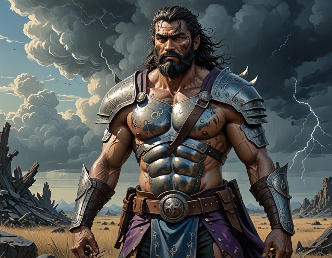 Epic Latino Warrior in Battle-Hardened Glory