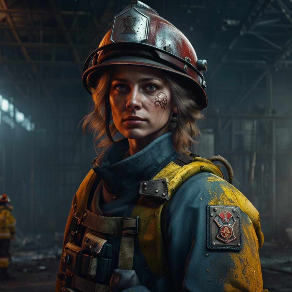 Chernobyl Firefighter Girl: Detailed Fantasy Art
