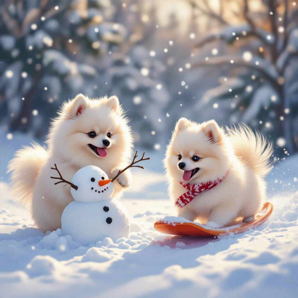 Pomeranians Build Snowman & Sled on Snowy Day