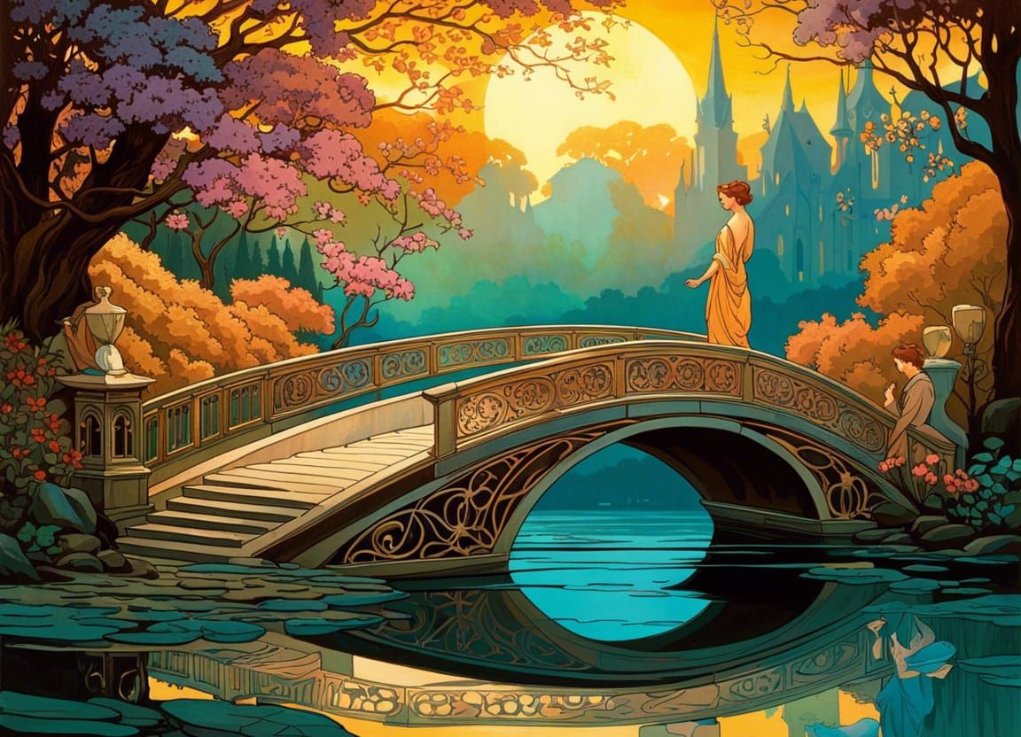 Romantic Bridge Scene in Art Nouveau Style