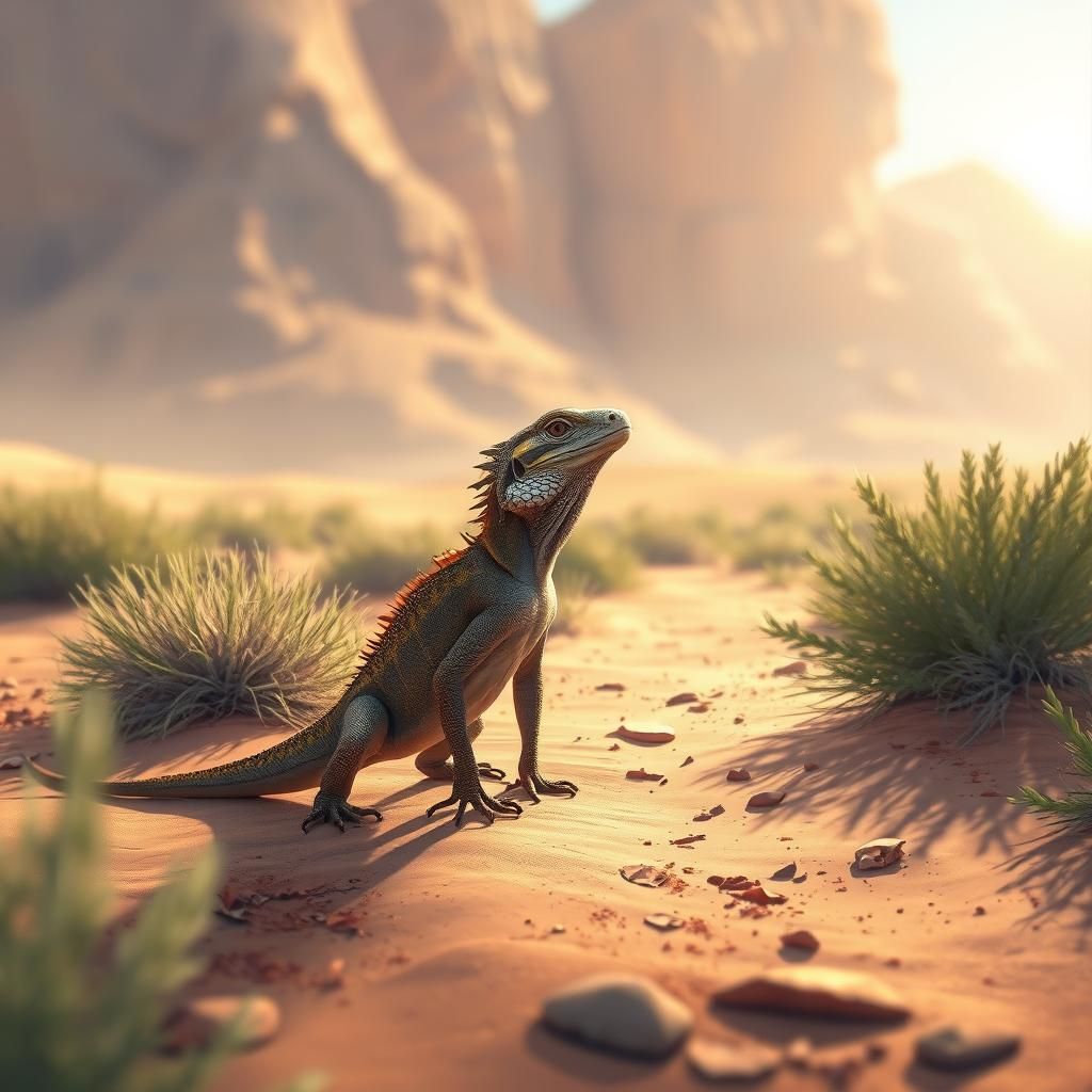 Lizard on Desert Path in Soft Sunlight: Digital Art