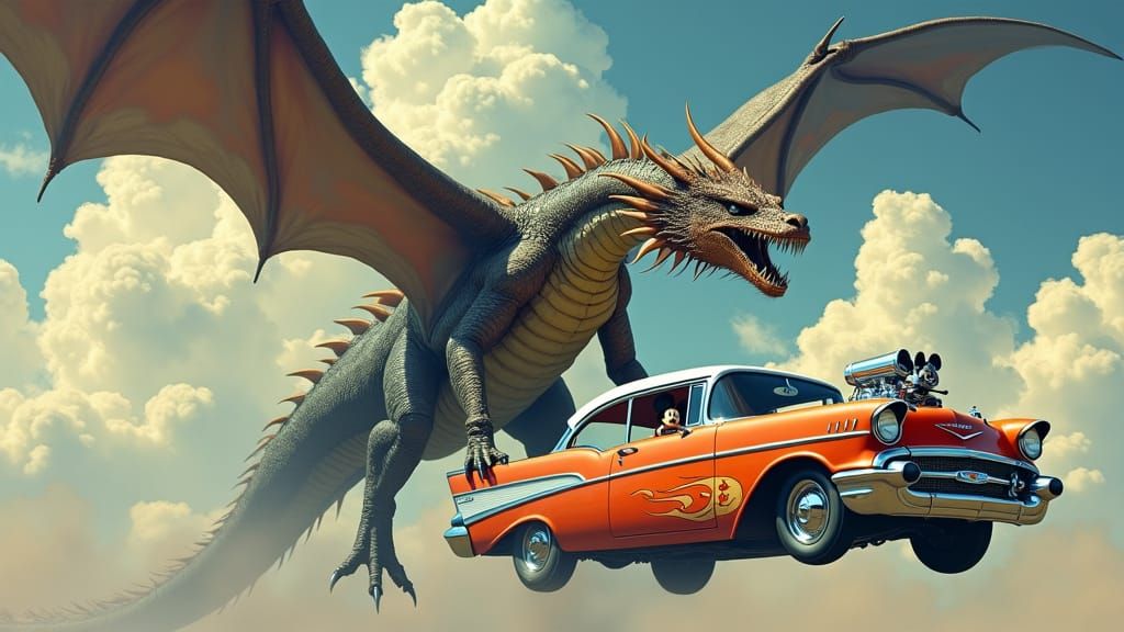 Dragon Grasping a Car in a Cumulus Sky