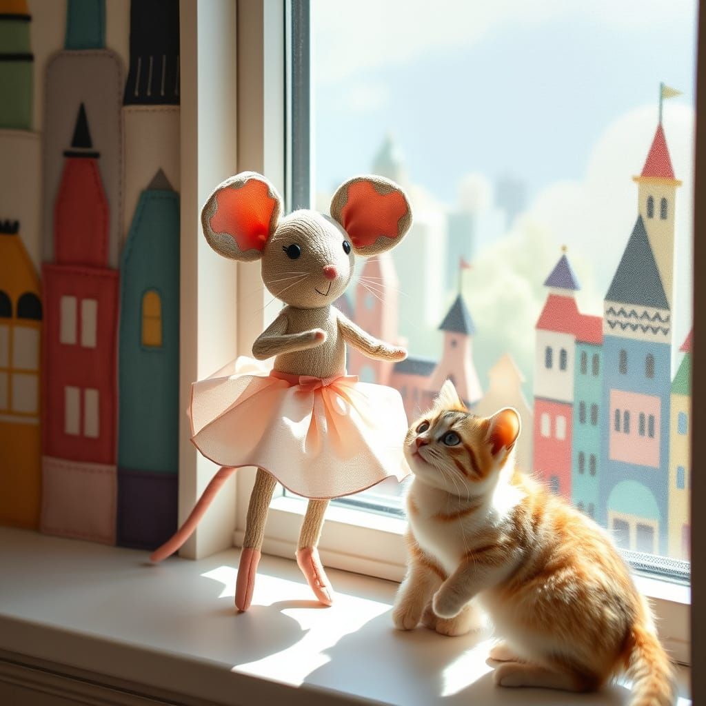 Whimsical Cityscape with Dainty Mouse and Curious Cat