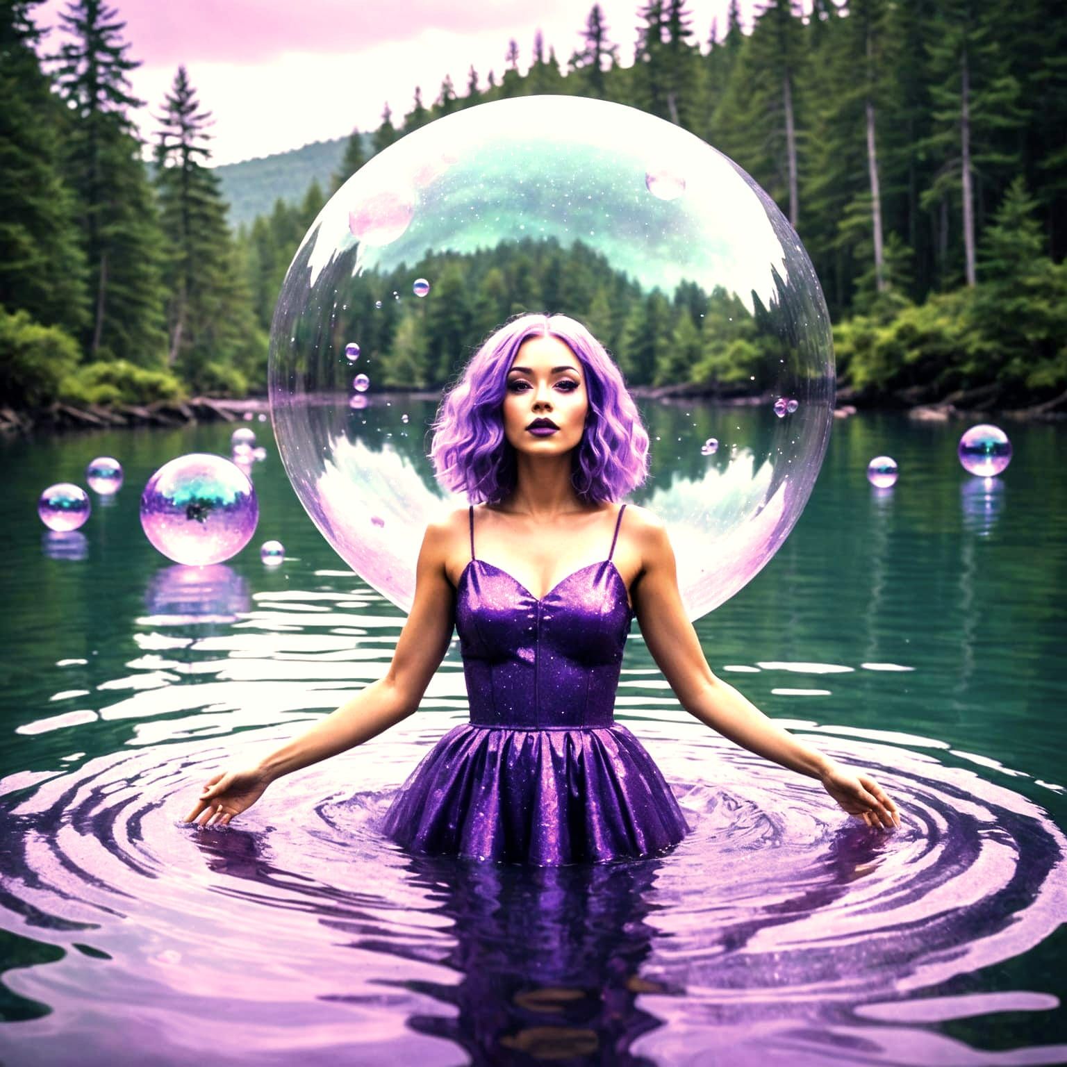 Woman in Bubble with Purple Glitter and Hair