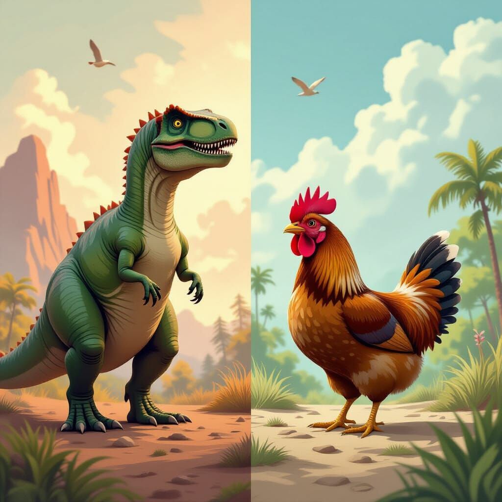 Dinosaur and Chicken Split Screen in Dreamlike Landscape