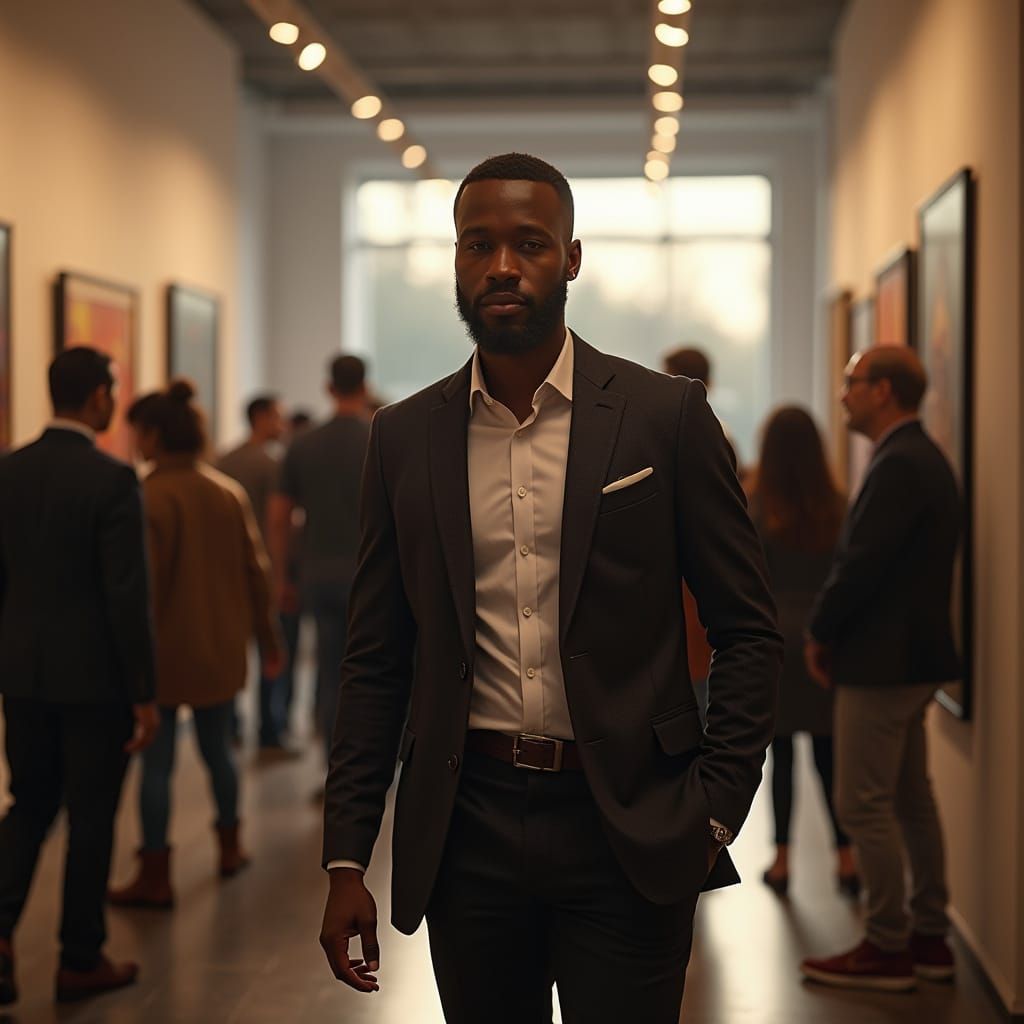Man in Blazer Walks Through Art Gallery