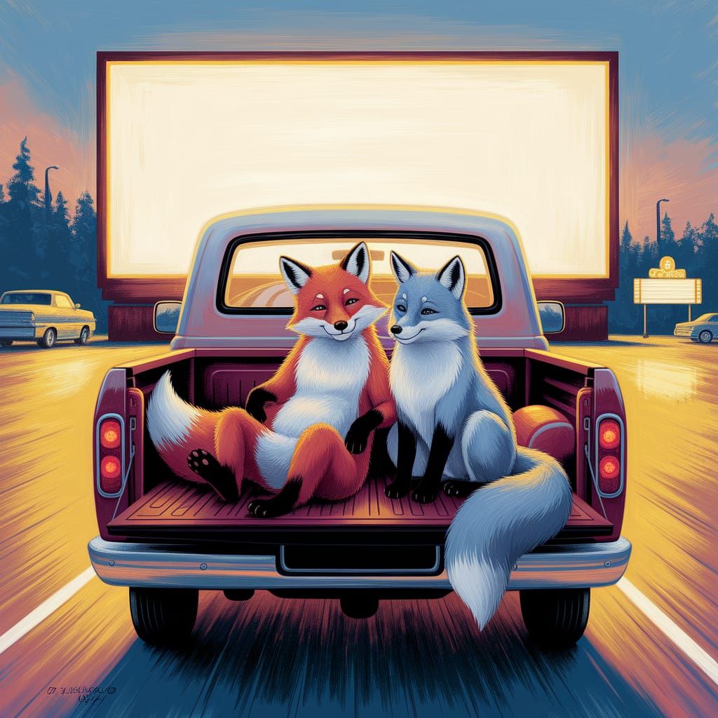 Fox Couple at Drive-In Movie in Oil Painting Style