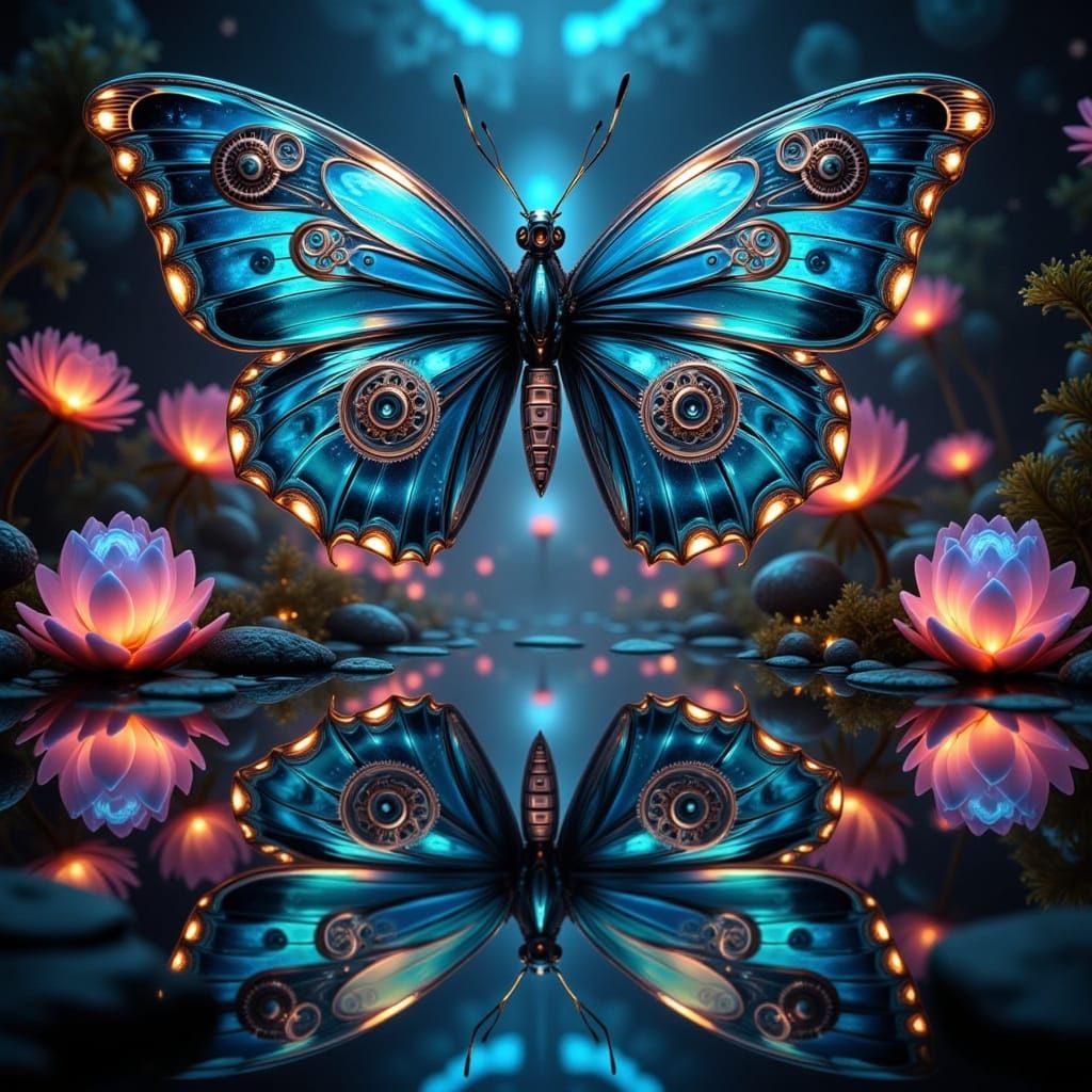 Biomechanical Butterfly with Mirrored Wings and Glowing Mark...