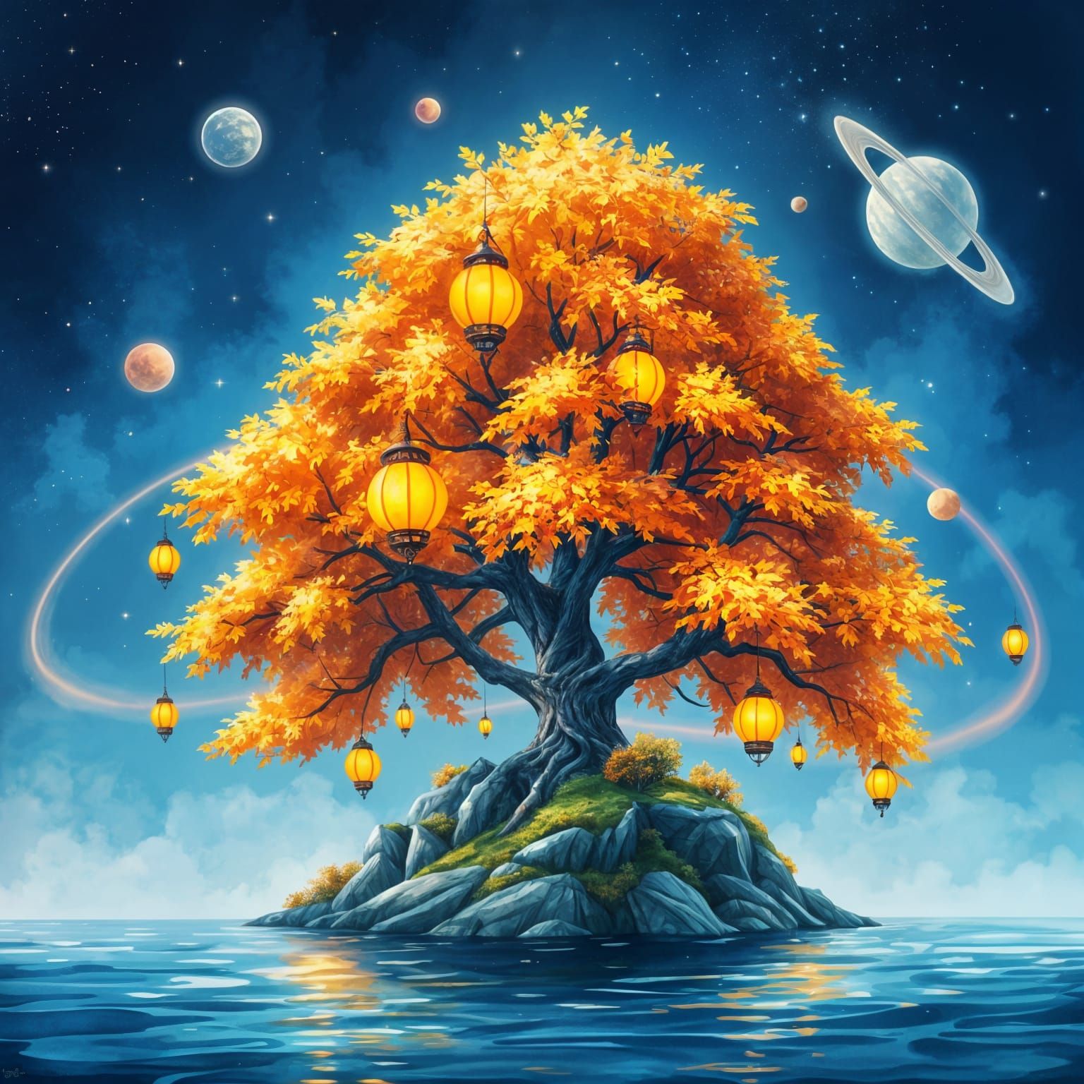 Fantasy Autumn Tree with Lanterns, Watercolor Art