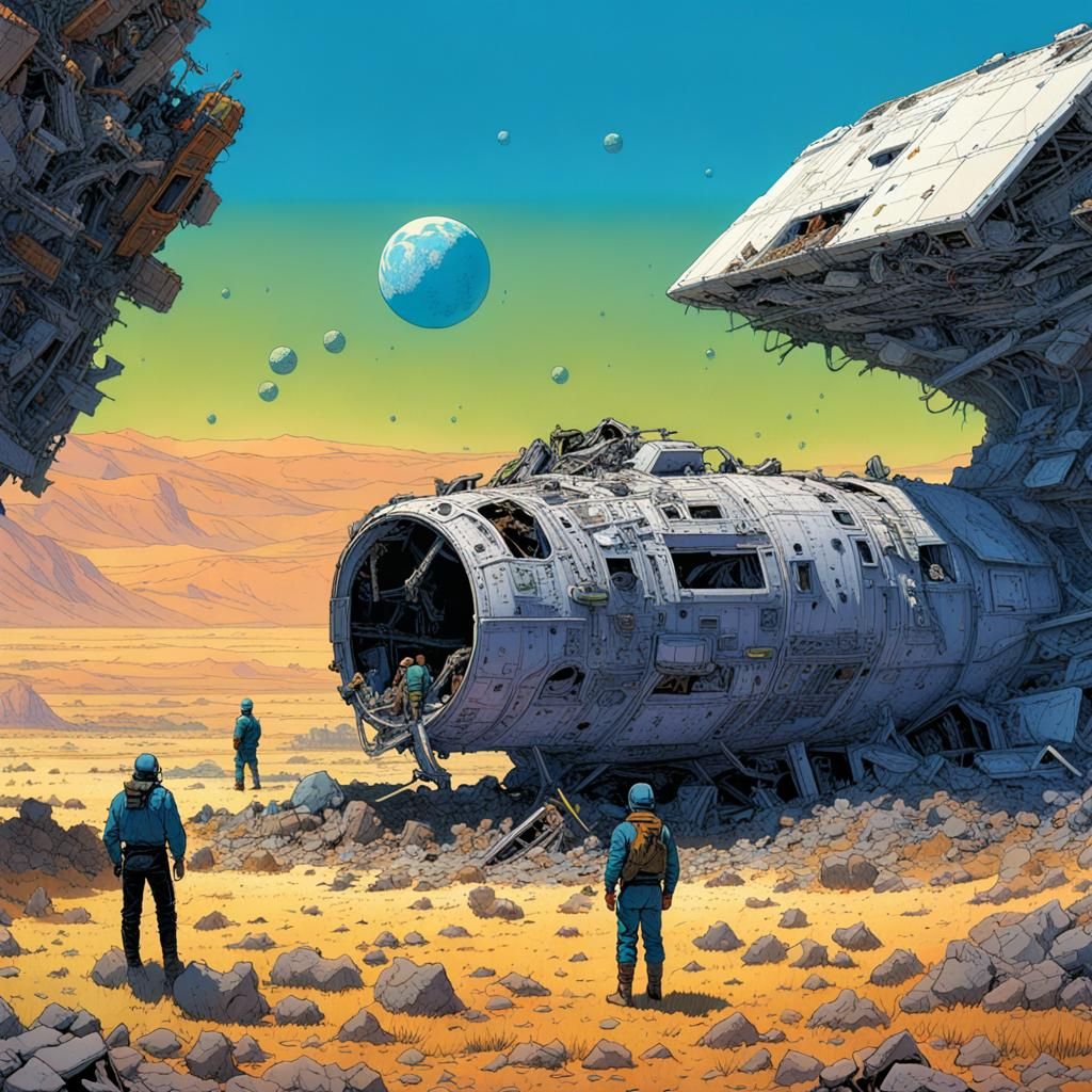 Space Cowboys Survey Spaceship Wreckage in Moebius Style