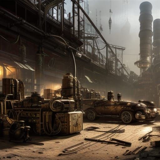 Steampunk Robotics Repair Shop in Dystopian City