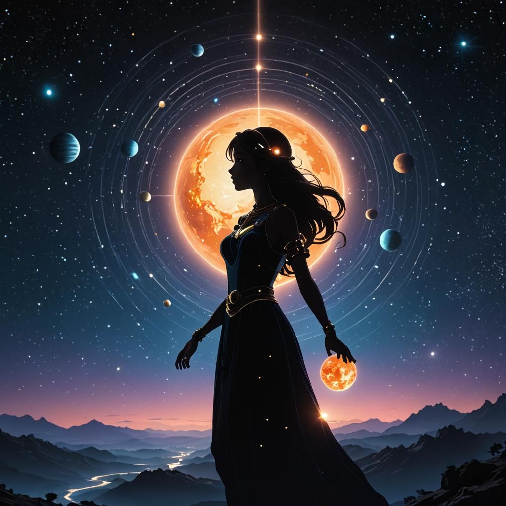 Galactic Woman Guardian: Celestial Silhouette Art
