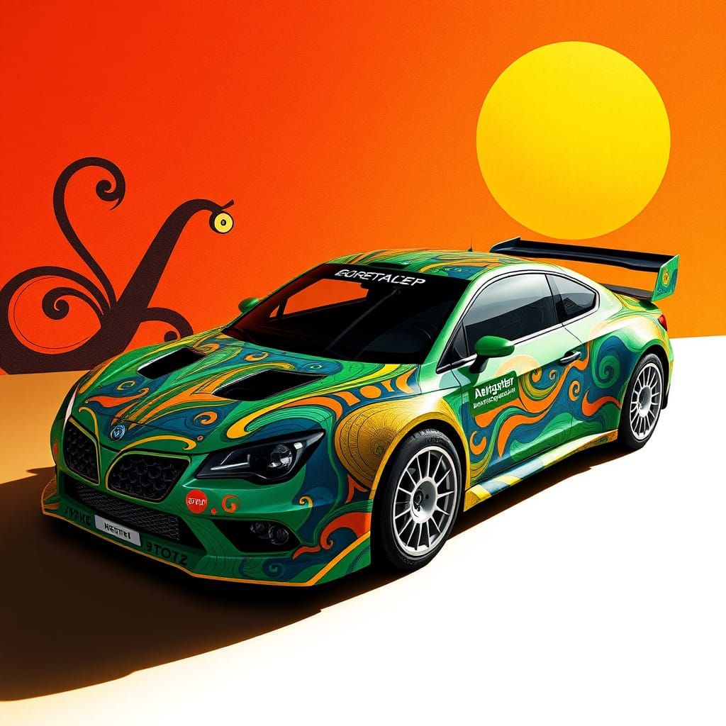 Rally car wrapped in "malayan jelutong" artwork