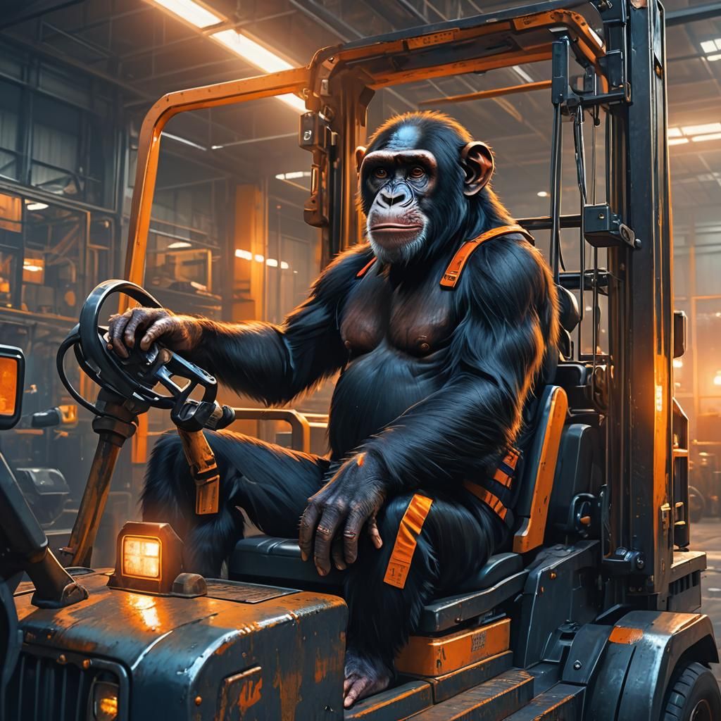 Chimpanzee in Forklift: Hyper-Realistic Digital Art