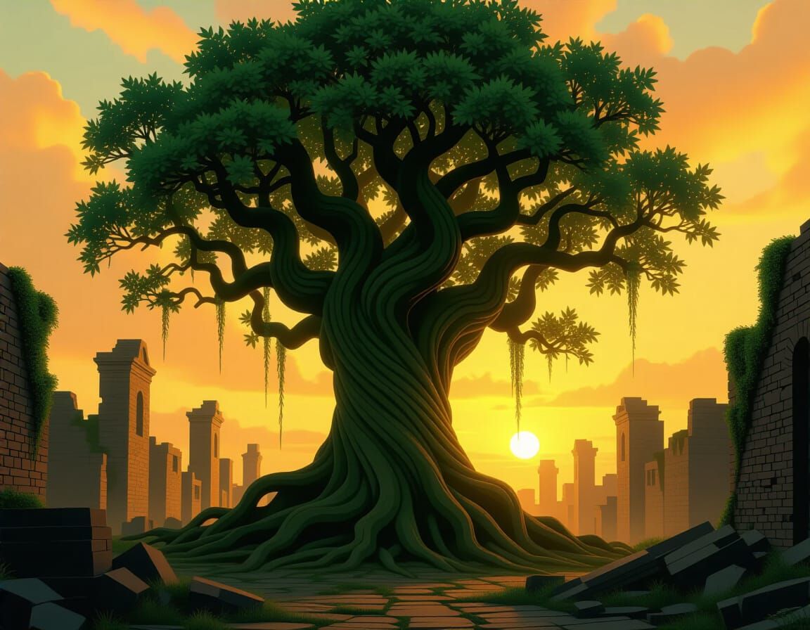 Ancient Tree in Forgotten City, Dramatic Matte Painting