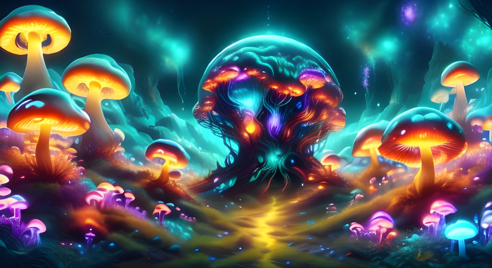 Bioluminescent Mushroom Character in Neon Lit Grove