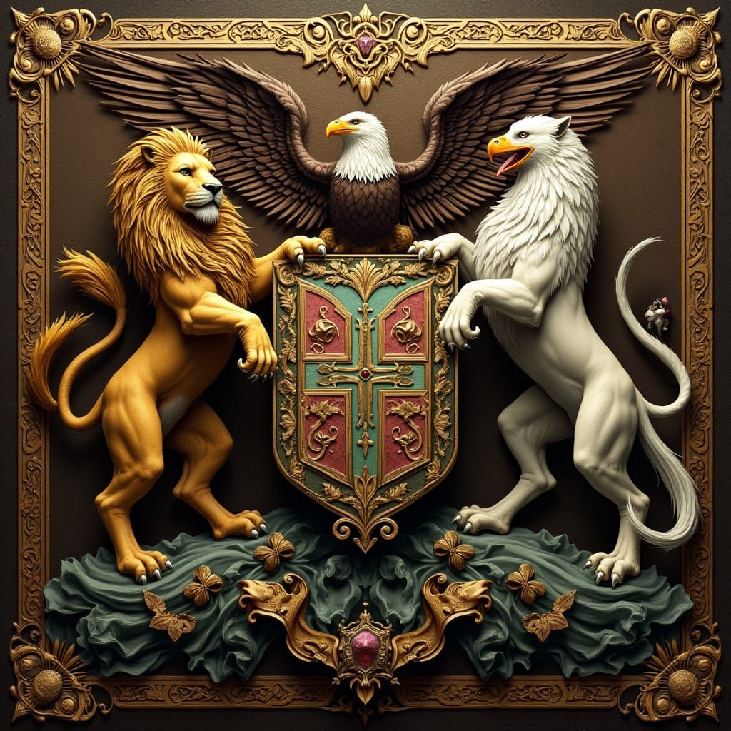 Majestic Coat of Arms with Lion, Eagle, and Wolf in Medieval...
