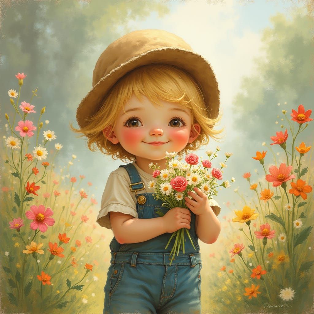 Sunny Boy with Flowers in Garden, Norman Rockwell-Inspired