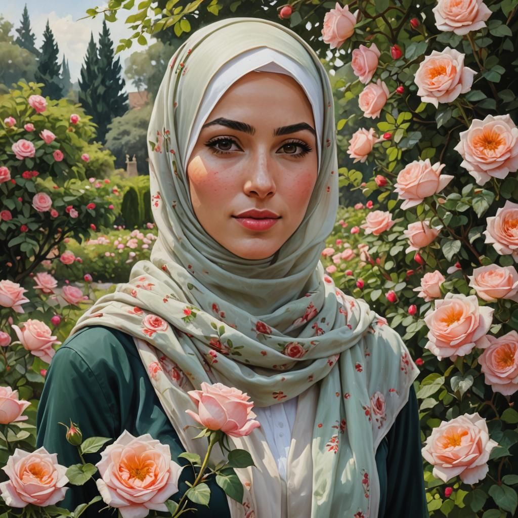 Pretty Irish Girl with Green Hijab in Rose Garden